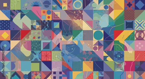 Geometric Abstract Mosaic Pattern with Colorful Shapes and Minimalist Elements
