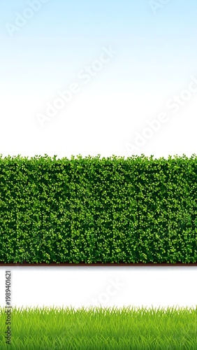 Green Garden Hedge And Fresh Grass Border Illustration On White Background With Soft Blue Gradient And Neat Botanical Foliage