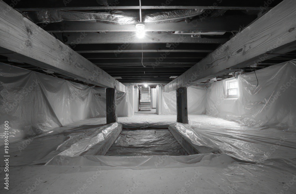 Obraz premium Undecorated, clean white crawl space with wooden beams and structural support columns