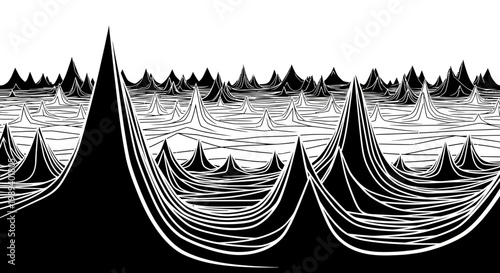Abstract Black and White Landscape Illustration with Spiky Peaks and Flowing Contour Lines. Minimalist Monochrome Graphic Design.