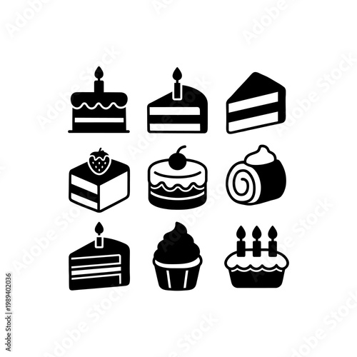 Set includes various dessert icons great for bakery logos or party invitations. Perfect for sweetthemed design projects.