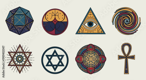 Set of Esoteric and Occult Symbols with Sacred Geometry and Mystical Icons