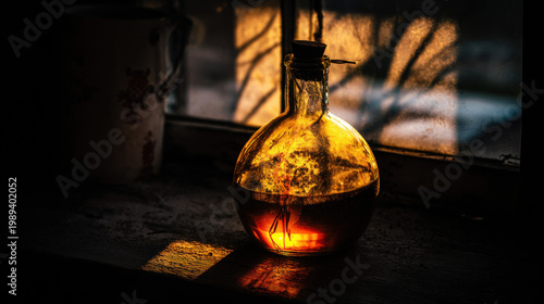  Sunlight through a barn window illuminating a glass demijohn with amber liquid. bar promotions, beverage menus, designed for product packaging and bar promotions, used by brand managers.