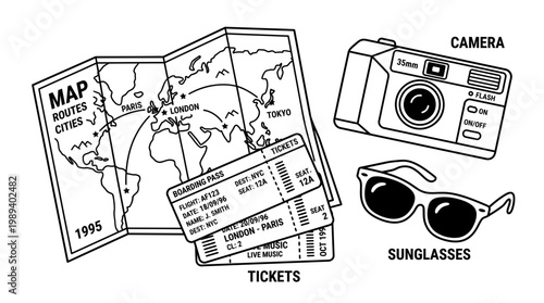 Essential Gear for Your Joyful Journey Map, Tickets, Camera, and Sunglasses Ready for Adventure