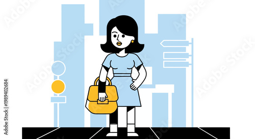 Modern Woman Standing on City Street Holding Handbag and Looking Ahead