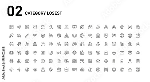 A diverse collection of minimal, outline-style icons, perfect for digital design and web applications, offering a comprehensive visual library for various categories