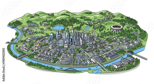 Aerial View of a Bustling Cityscape with River, Green Hills, and Modern Architecture