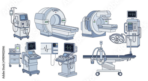 Collection of Medical Equipment Icons: MRI, CT Scanner, Ultrasound, ECG, Operating Lamp, Dialysis Machine