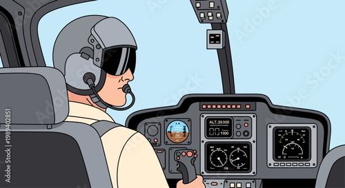 Pilot in cockpit wearing headset and sunglasses, flying helicopter, looking at controls