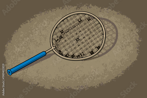 A badminton racket rests on a textured brown surface top down view