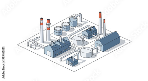 Industrial complex isometric illustration, factory buildings, pipes, tanks, and chimneys