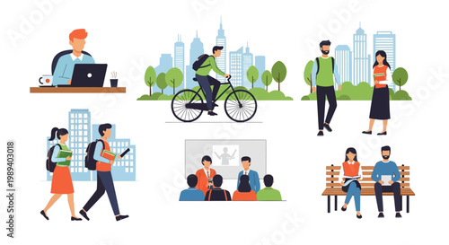 Diverse City Life: People Working, Studying, Commuting, and Relaxing