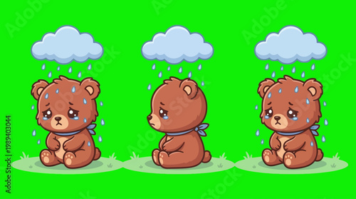 Sad Cartoon Bears in the Rain on a Green Screen