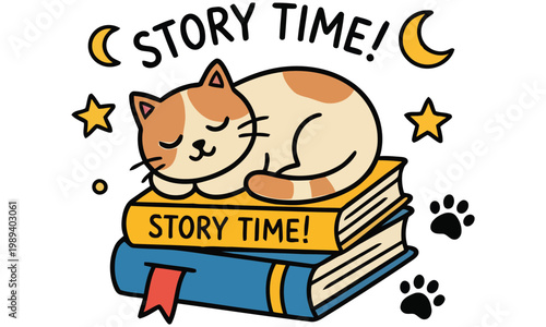 A cute cat sleeps on stacked books with a yellow banner under moon and starry night sky with paw prints.