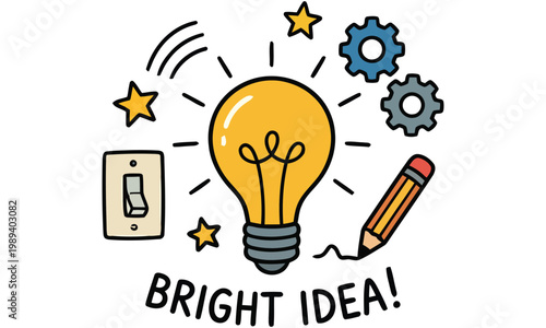 A creative person has a bright idea with a light bulb, pencil, and switch in a graphic illustration scene.