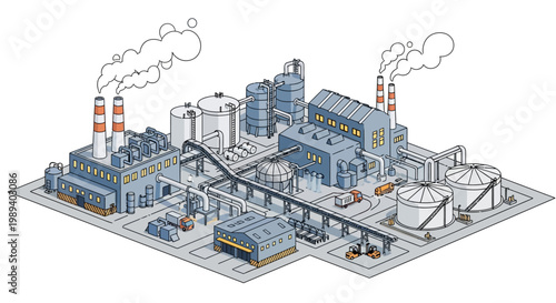 Industrial factory complex with pipelines, tanks, and smokestacks emitting smoke, isometric view.