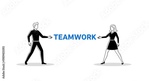 Man and woman jointly pulling a 'TEAMWORK' banner, an illustration symbolizing effective collaboration, shared effort, and strong partnership for achieving common goals in business