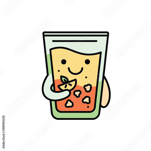 Smiling cartoon glass of juice with fruit.