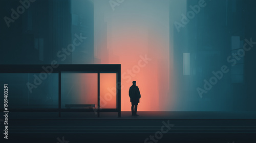 Silhouette of a man waiting at a bus stop in a futuristic city at night. Minimalist urban background with misty atmosphere, glowing lights, loneliness, and solitude concept.
