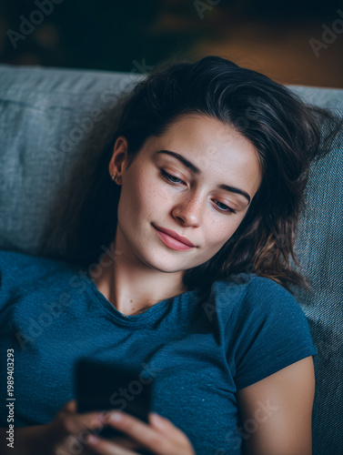 Young woman with freckles using smartphone while relaxing on sofa at home. Close-up portrait of beautiful girl browsing internet on mobile phone. Digital lifestyle and communication concept.