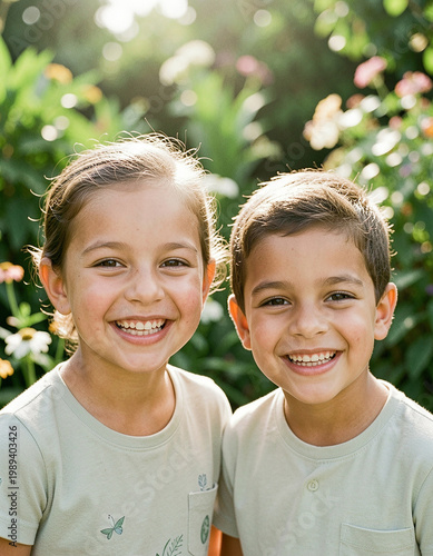  Two smiling children facing camera, happy expression