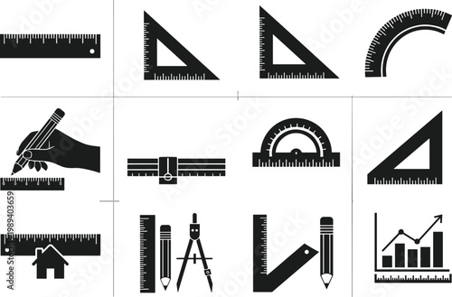 Vector collection of minimalist black and white technical drawing icons featuring rulers protractors compass pencils and architectural measurement tools isolated on a white background for design