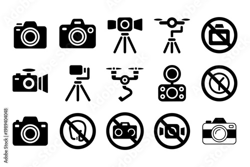 Set of camera icons, drones, tripods and prohibition signs and no camera symbols. Photography, videography and drone flying restriction icons.