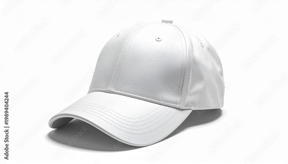 Fototapeta premium A white baseball cap is displayed on a plain surface indoors.