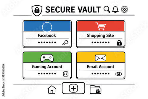 Secure vault interface for managing various online account credentials Vector