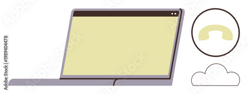 Communication, cloud storage, remote work, customer service, teleconferencing, digital tools. Blank screen laptop, cloud phone symbol. Communication and cloud storage concepts