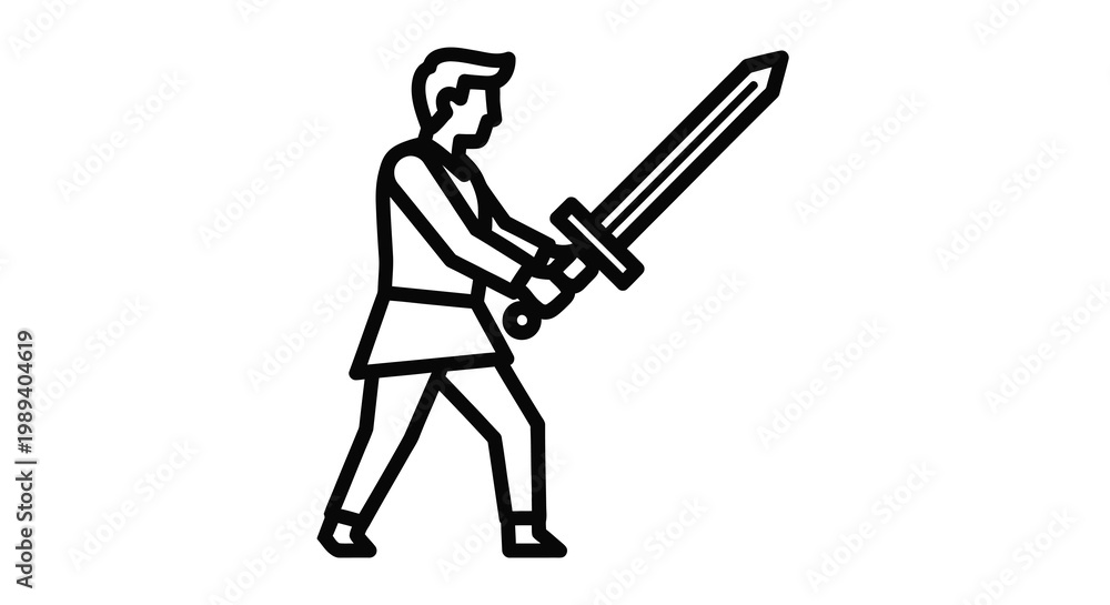 Obraz premium A warrior stands poised with a large sword depicted in stark outline silhouette