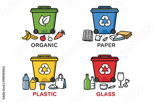 Diagram showing waste segregation into organic, paper, plastic, and glass bins Vector