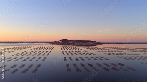 The Thau lagoon and its tables at sunrise