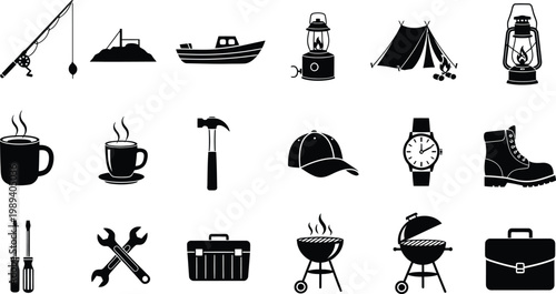 Black silhouette icons of outdoor and survival gear isolated on transparent background