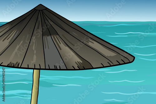 A conical asian hat floats above stylized turquoise waves