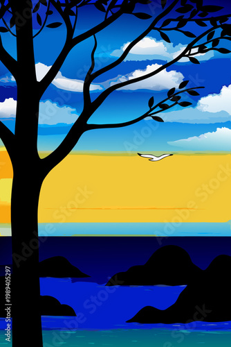 A silhouetted tree overlooks a vibrant coastal sunset with a bird