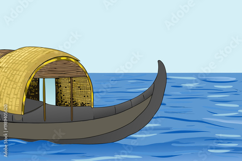 Cartoon illustration of a traditional kerala houseboat on blue water