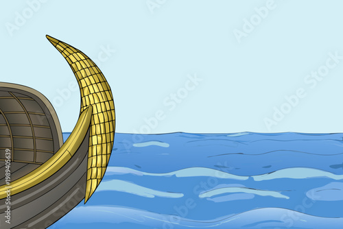 A stylized illustration depicts the curved stern of a traditional boat at sea