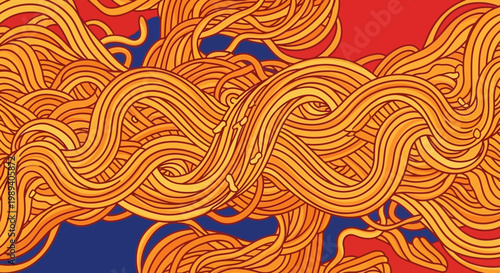 Abstract Spaghetti Noodles Pattern, Italian Food, Pasta Design, Red Blue Background
