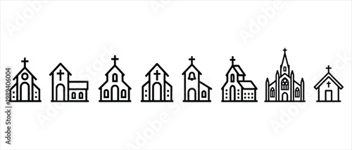 Minimalist church line icons set, 8 black outline christian chapel vector illustrations, religious building symbols for map navigation and web design