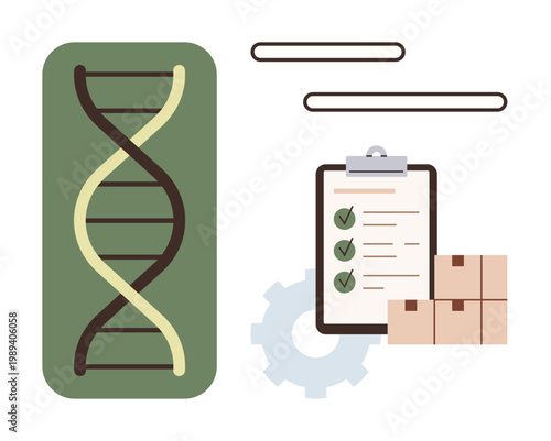 Scientific analysis, inventory management, process automation, biotechnology, research, logistics. DNA strand, checklist boxes gears. Scientific analysis and inventory management concept