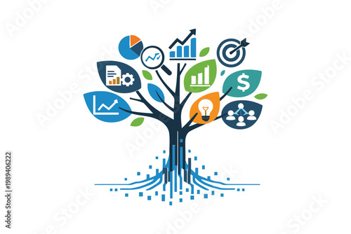Growth and development illustrated through a business-themed tree metaphor Vector