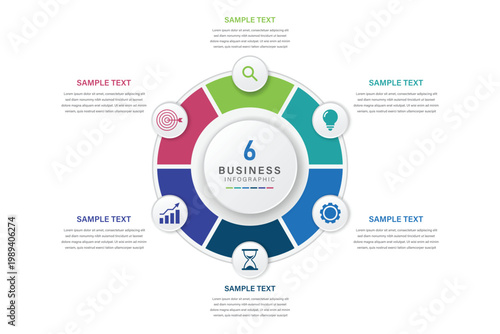 A colorful business infographic template with six sections