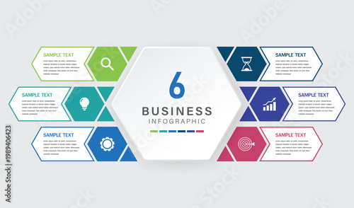Six business infographic template with colorful hexagons