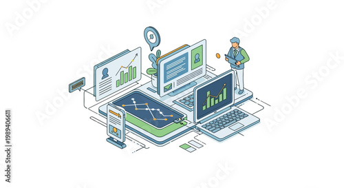 Isometric Illustration of Digital Data Analysis and Business Intelligence