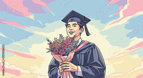 Young man in graduation gown smiling.