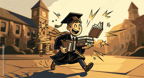 Happy Graduate in Academic Attire Running.