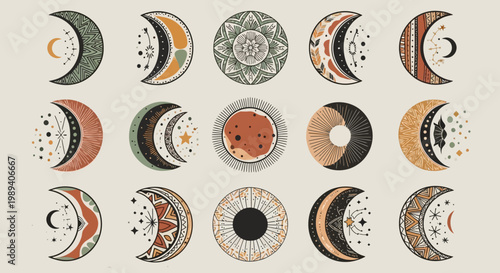 Boho Celestial Moon Phases and Sun Icons Set