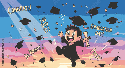 Young man in graduation gown celebrating.