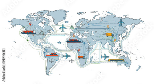 Global Logistics Network: World Map with Shipping and Air Cargo Routes